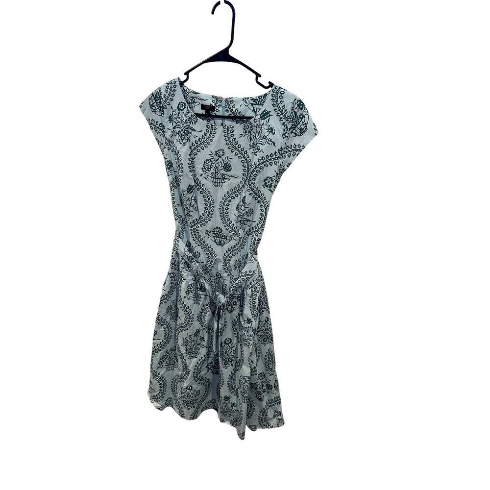 Talbots Light Blue Green Toile Floral‎ Cotton Fit Flare Belted Dress Cap Sleeve